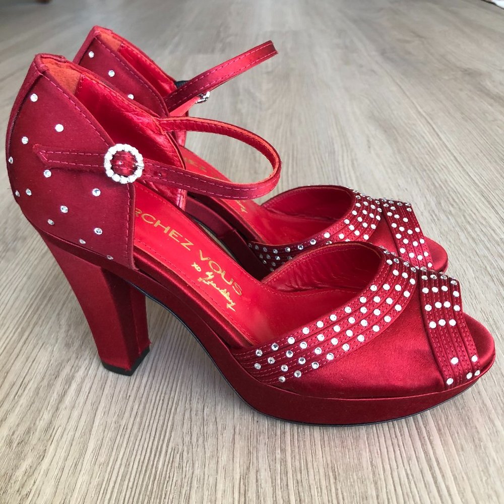 Marchez Vous Red Heels with Rhinestones and Ankle Strap, Size 6